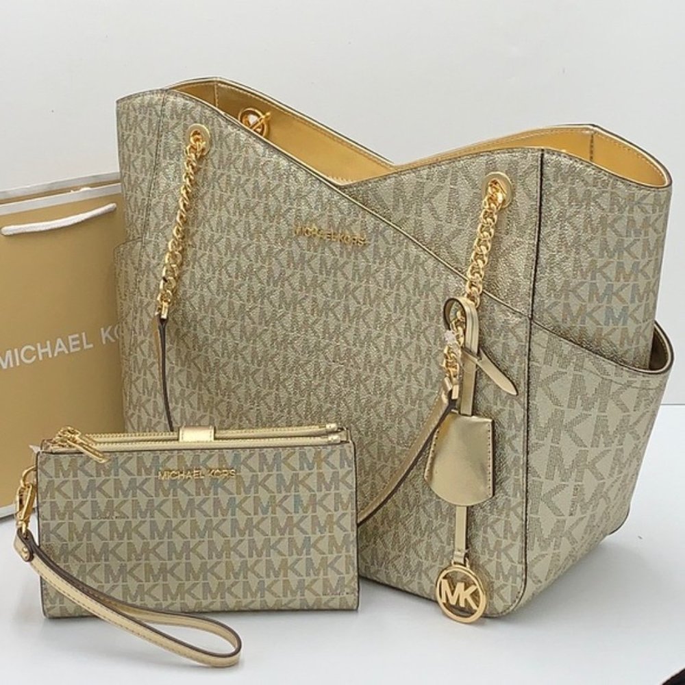 Michael Kors Large X Chain Shoulder Tote & Large Double Zip Wallet Pale Gold - Picture 2 of 16
